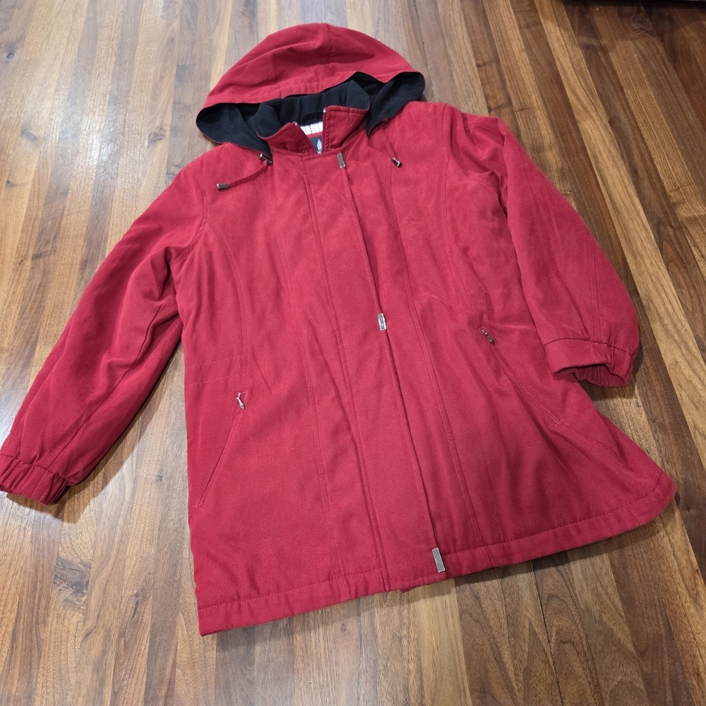 London Fog Red Coat Zip Front Removable Hood Size Small Petite